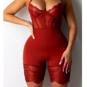 NWOT red lace trim caged short romper / bodysuit